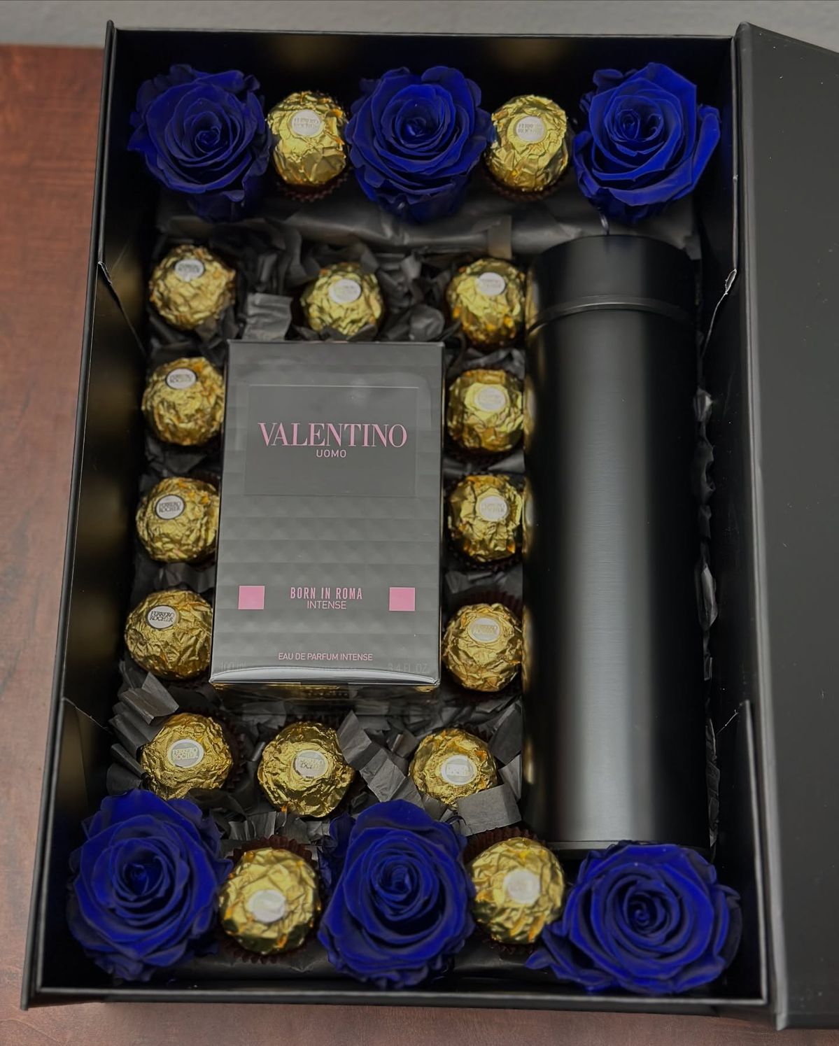Perfume Box with Perfume , Flask , Blue Roses and Chocolate