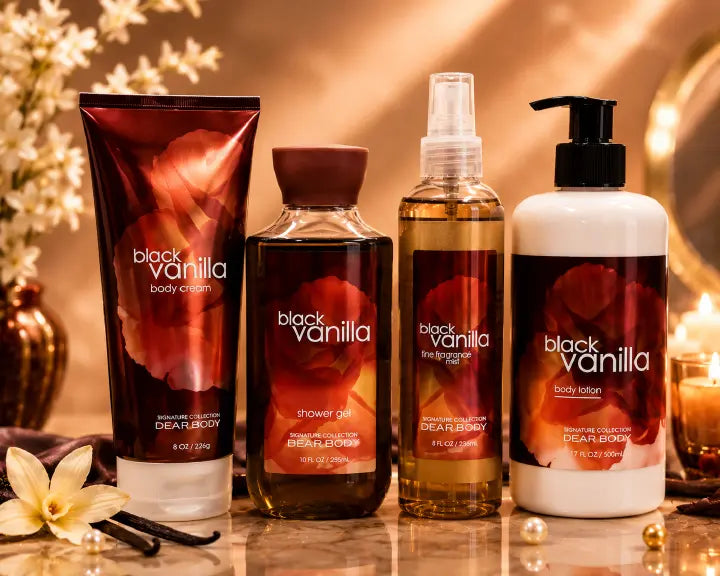 Dear Body Black Vanilla 4-in-1 Body Care Set – Body Lotion, Body Cream, Body Mist & Shower Gel | Long Lasting Vanilla Fragrance | Moisturizing & Softening Skin Care Gift Set