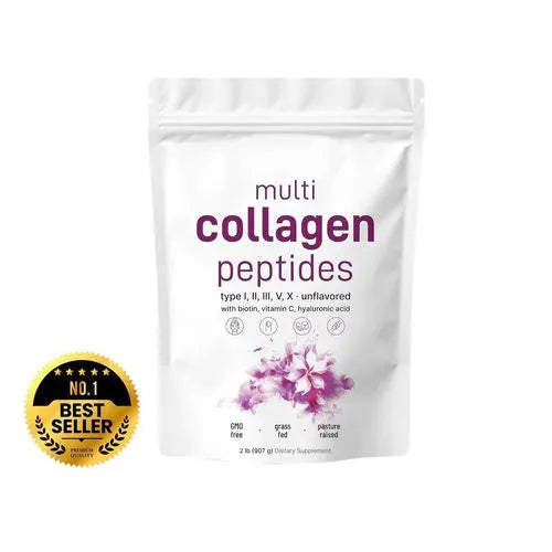 Multi Collagen Peptides Powder (Type I, II, III, V, X) Grass Fed GMO Free with Biotin Vitamin C Hyaluronic Acid