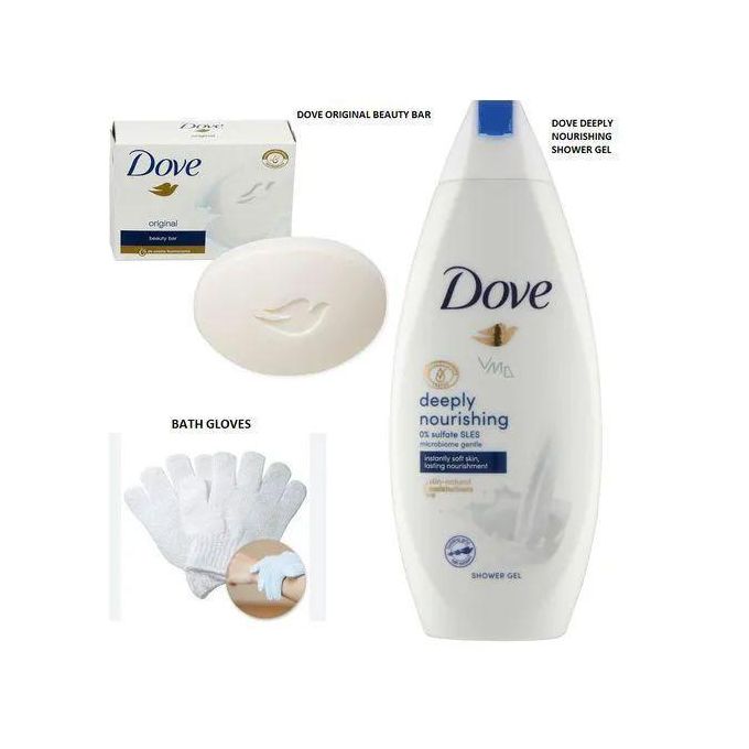 Dove Beauty Soap + Deeply Nourishing Shower Gel + Bath exfoliating Gloves (Color may differ) Set