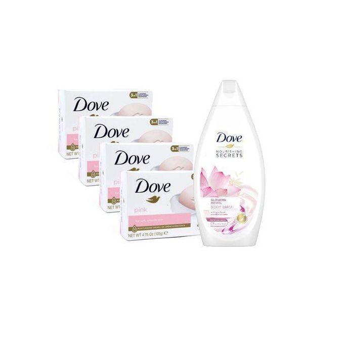 Dove Pink Bar Soaps 135g -4 Pcs & Nourishing Secrets Glowing Ritual Body Wash 500ml