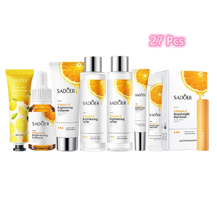 SADOER 27Pcs Skin Care Set Vitamin C Face Cleansers + Moisturizing lotion + Face Essence +Face Toner Tone+Eye Cream +20Pcs Masks +Lipstick + Hand Cream Gift set