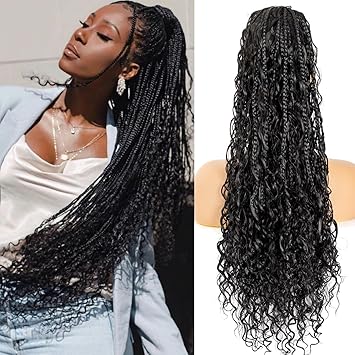 34 inches Goddess Box Braid Ponytail Extension with Elastic Tie Box Braided Ponytail Hair Tie Wrap Around Braid Ponytail Fluffy Soft Synthetic Hairpieces for Women Daily Wear Natural Black 34 inch