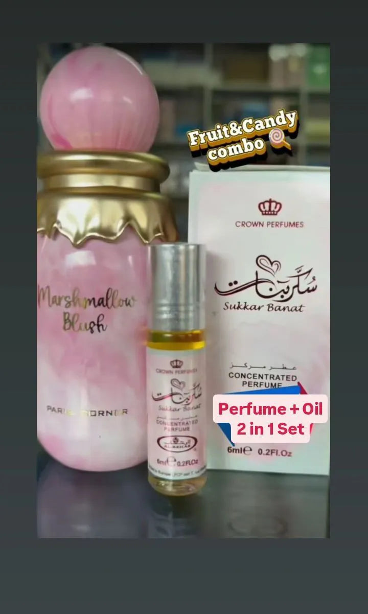 Paris Corner 2 in 1 Perfume Set: Marshmallow Blush Perfume + Sukkar Banat Oil