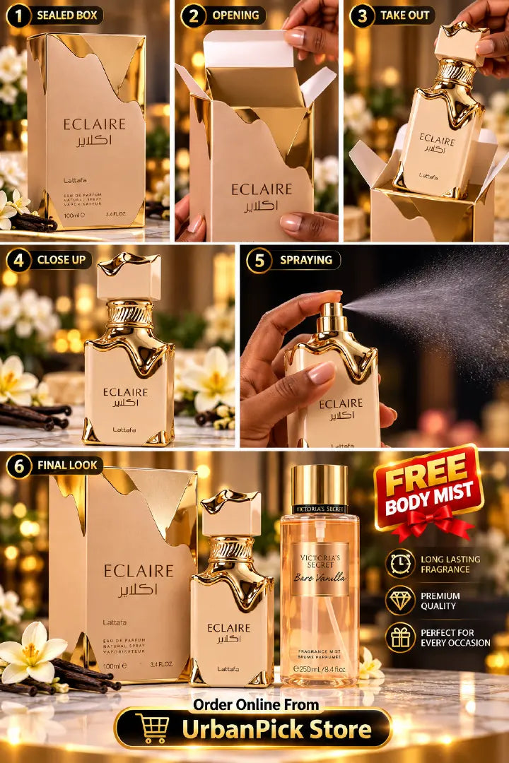 Lattafa Eclaire Sweet Vanilla Caramel Gourmand Fragrance 100ml + FREE Victoria’s Secret Bare Vanilla Body Mist 250ml