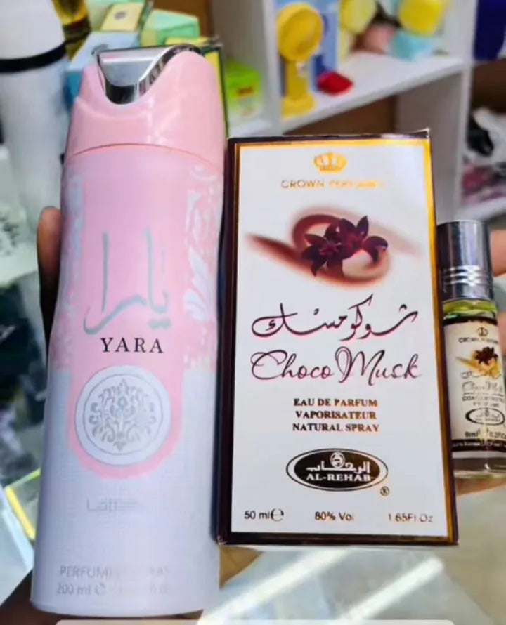 Al Rehab 3 In 1 Perfume Combo: Choco Musk Perfume + Oil + Yara Deo Spray