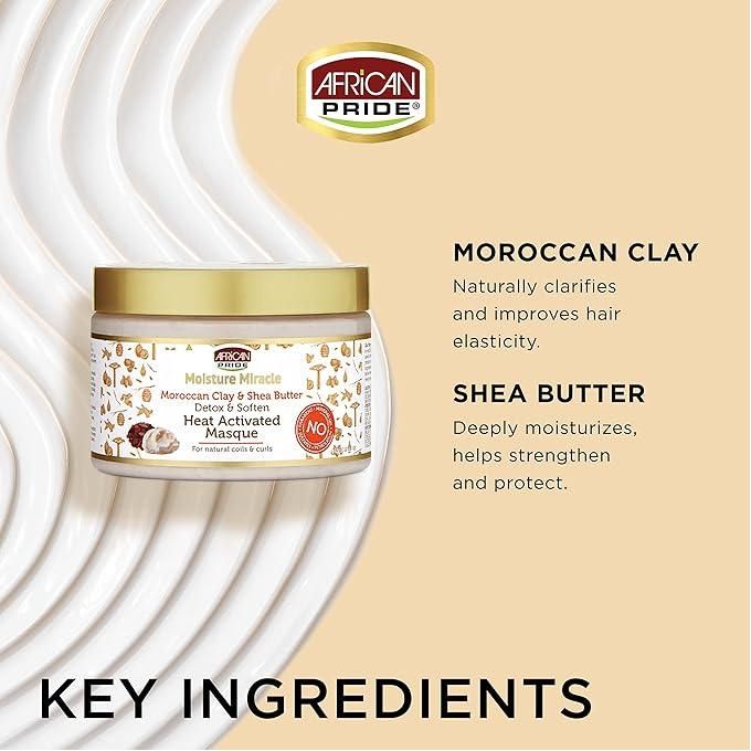 AFRICAN PRIDE Moisture Miracle Moroccan Clay & Shea Butter Heat Activated Masque - For Natural Coils & Curls, Detoxes & Softens, Removes Impurities & Product Build-Up from Hair