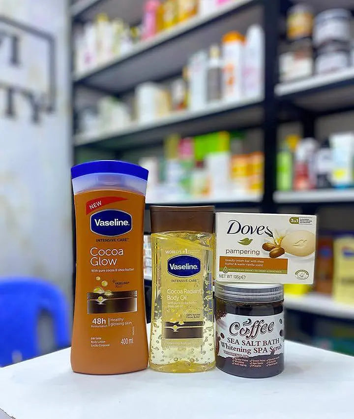 Dove 4 in 1 Body Radiance !!! Cocoa Glow Lotion + Cocoa Radiant Body Oil + Coffee Sea Salt Spa Scrub + (FREE Pampering Shea Butter Bar)
