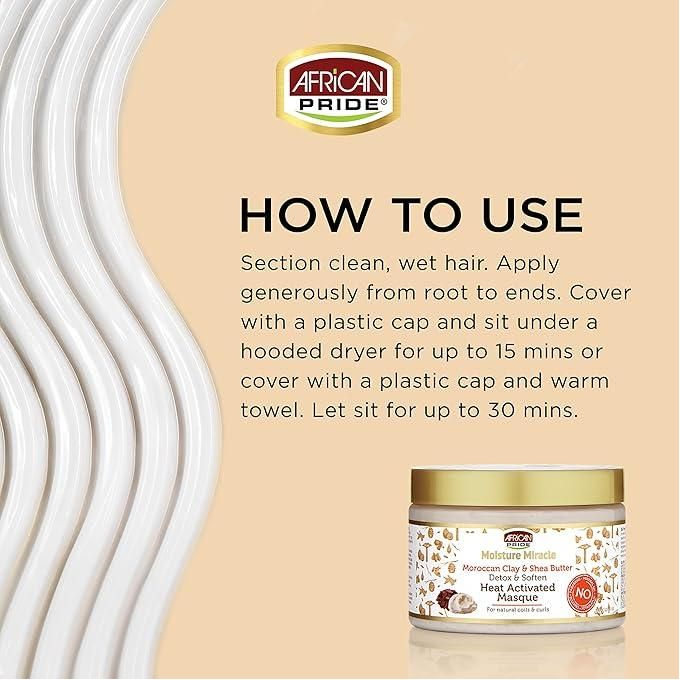 AFRICAN PRIDE Moisture Miracle Moroccan Clay & Shea Butter Heat Activated Masque - For Natural Coils & Curls, Detoxes & Softens, Removes Impurities & Product Build-Up from Hair