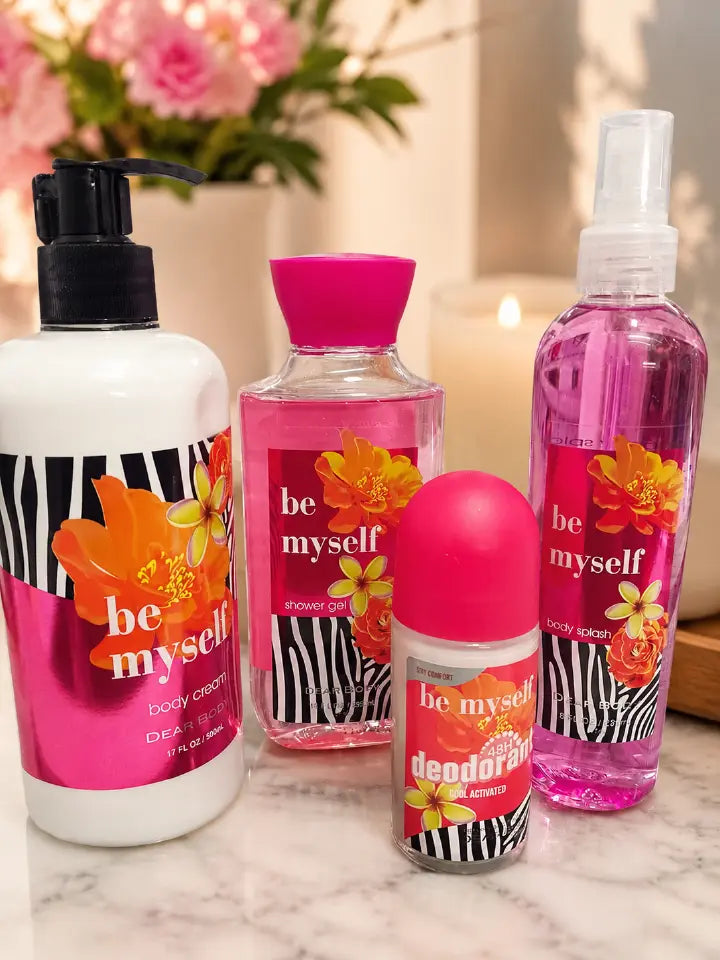 Be Myself 4-Piece Fragrance Body Care Set – Body Lotion, Shower Gel, Body Mist & 48H Deodorant | Long Lasting Floral Scent | Daily Moisturizing Gift Set