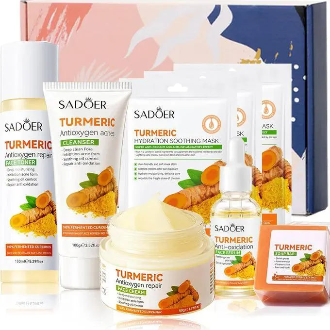 SADOER 8 Pieces Tumeric Skin Care Set: Turmeric Face Cream + Soap + Serum+ Toner + 3 Face Mask + Face Cleanser like Vitamin C For Treating Dark Spots, Anti-wrinkles & Improving Skin Texture, Smoothing