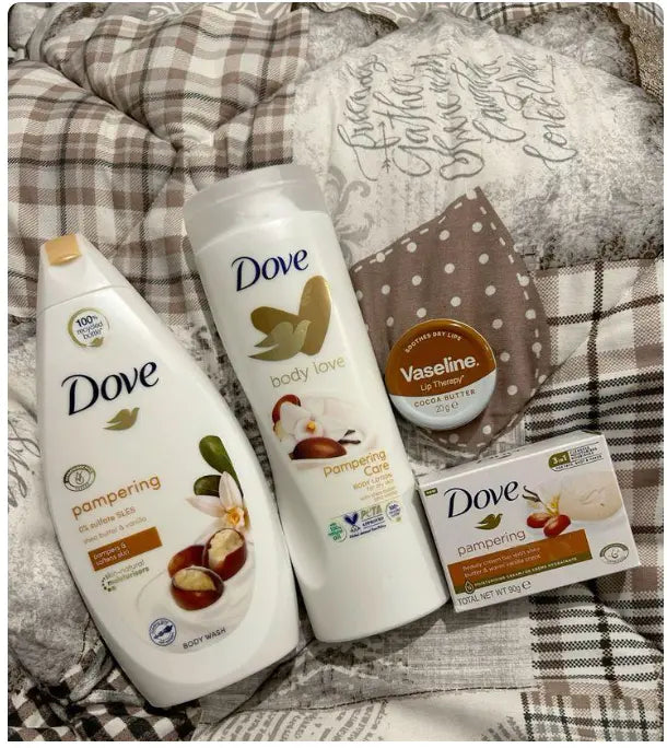 4 in 1 SELFCARE SET: Pampering Shea Butter & Warm Vanilla Body Wash + Body Love Pampering Care Body Lotion + Pampering Shea Butter Cream Bar+ (FREE GIFT Vaseline Lip Therapy Cocoa Butter)
