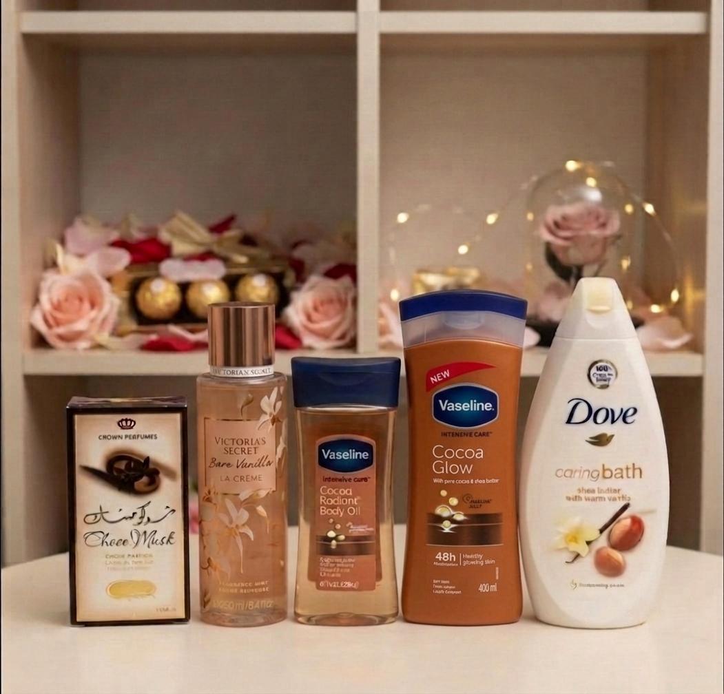 CARAMEL 5 IN 1 SELFCARE SET!!! Intensive Care Cocoa Radiant Body Oil + Cocoa Glow Body Lotion + Purely Pampering Body Wash + Victoria's Secret Bare Vanilla La Creme + (FREE GIFT Choco musk perfume)