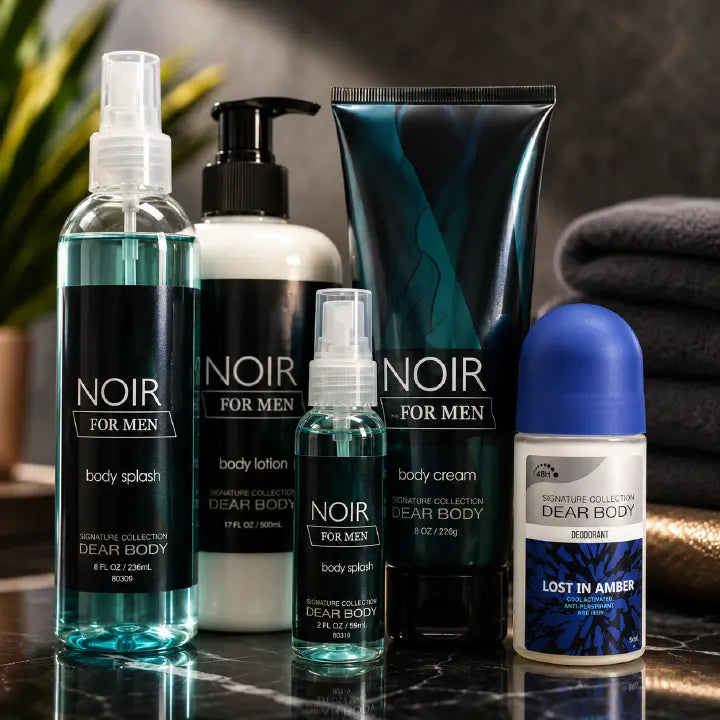 NOIR For Men 5-Piece Body Care Gift Set – Body Lotion, Body Cream, Body Splash, Travel Body Mist & 48H Deodorant | Long Lasting Masculine Fragrance