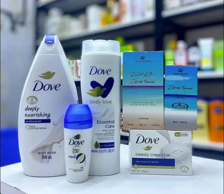 6 in 1 SELFCARE HAMPER !!! Deeply Nourishing Body Wash + Essential Care Body Lotion + Original Roll On + Zahrat Hawaii Perfume + Beauty Cream Bar + (FREE Zahrat Hawaii perfume oil)