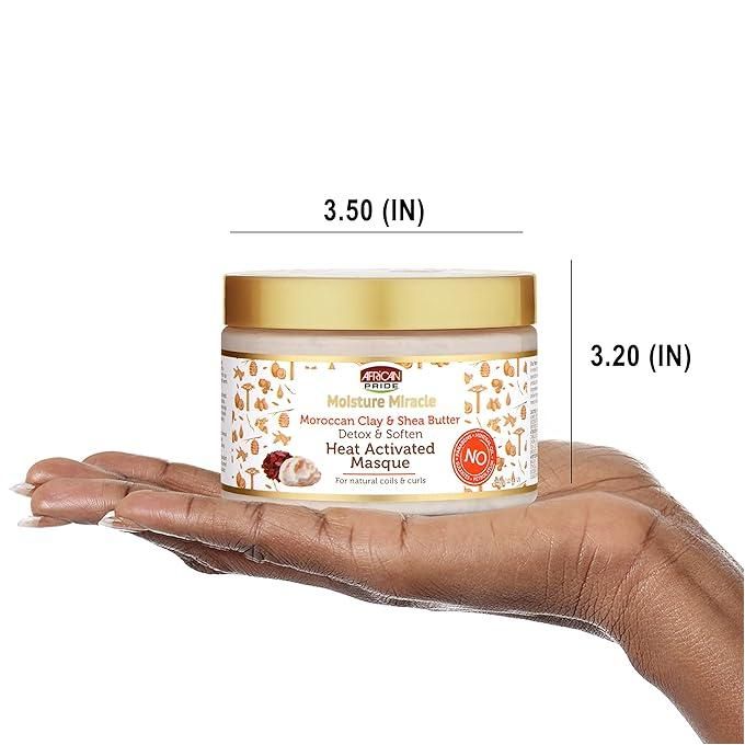 AFRICAN PRIDE Moisture Miracle Moroccan Clay & Shea Butter Heat Activated Masque - For Natural Coils & Curls, Detoxes & Softens, Removes Impurities & Product Build-Up from Hair