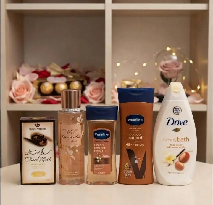 VANILLA 5 IN 1 SELFCARE SET!!! Victoria's Secret Bare Vanilla La Creme + Cocoa Radiant Body Lotion + Intensive Care Cocoa Radiant Body Oil + Purely Pampering Body Wash + (FREE GIFT Choco musk perfume
