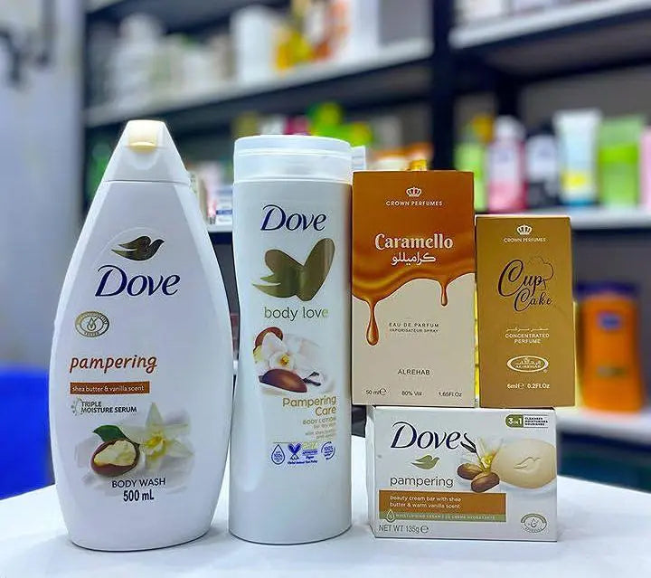 5 in 1 GOLDEN SELFCARE PACKAGE !!! Pampering Body Wash + Pampering Care Body Lotion + Caramello Perfume + Pampering Soap + (FREE Cupcake perfume oil)
