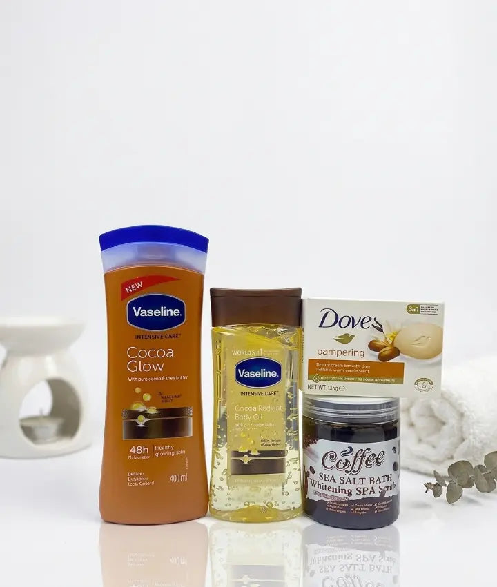 Dove 4 in 1 Body Radiance !!! Cocoa Glow Lotion + Cocoa Radiant Body Oil + Coffee Sea Salt Spa Scrub + (FREE Pampering Shea Butter Bar)