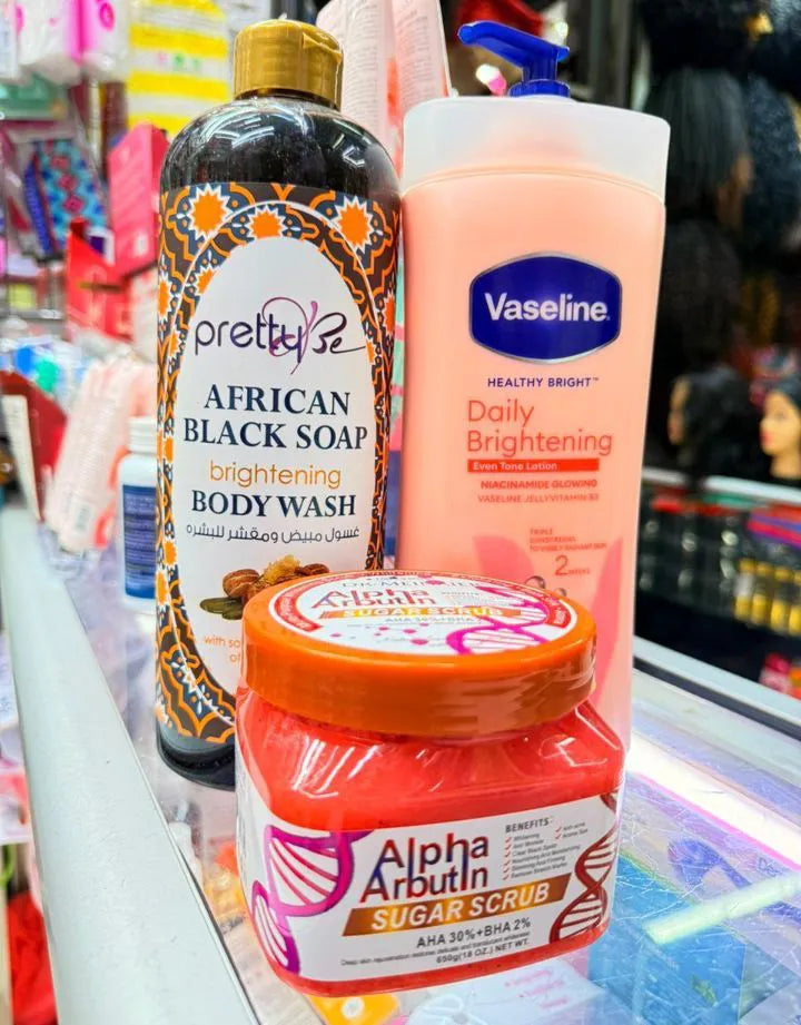 Vaseline 3 in 1 Body care Set: Daily Brightening Uv Lotion + Alpha Arbutin Body Scrub + African Black Wash Body Wash