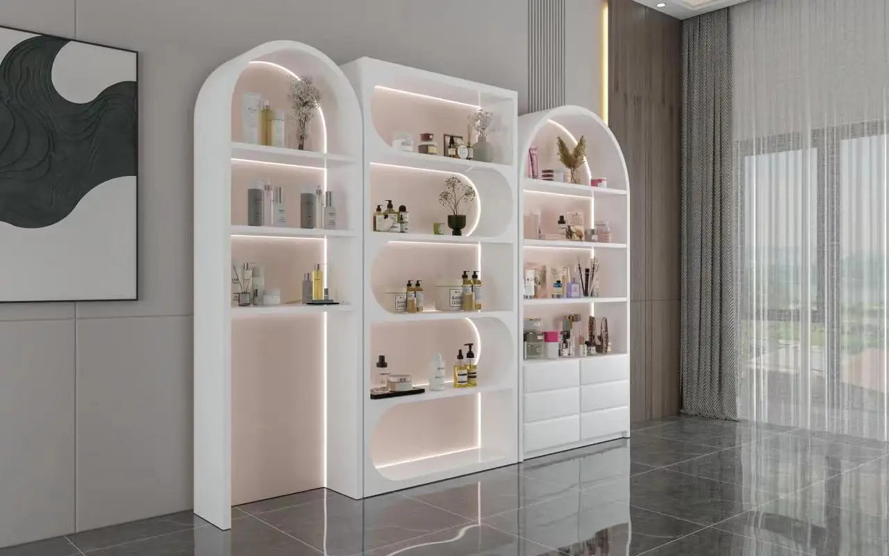 Commercial Merchandising Beauty Salon Display Shelves Custom Design Beauty Display Showcase with LED Light