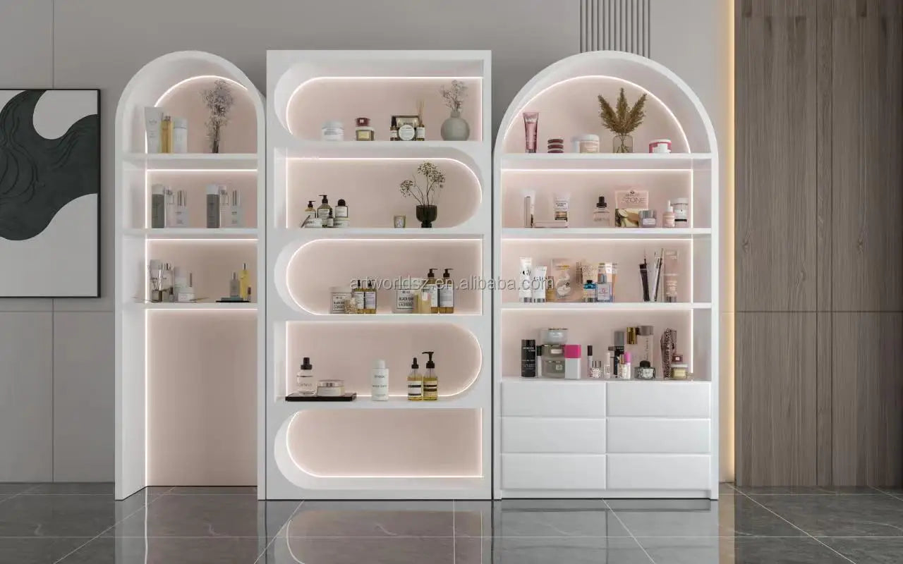 Commercial Merchandising Beauty Salon Display Shelves Custom Design Beauty Display Showcase with LED Light