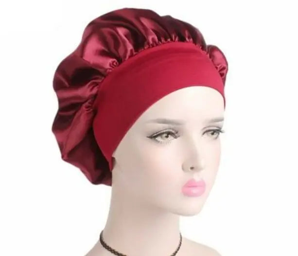 Satin Sleep Cap Elastic Wide Band Hat Night Sleeping Head Cover