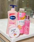 Vaseline 4 in 1 SELFCARE PACKAGE: Daily Brightening Even tone Lotion + St Ives Pink Lemon & Mandarin Orange + Dove Pomegranate Body Scrub + ( FREE Pure Seduction La Creme Body Mist )