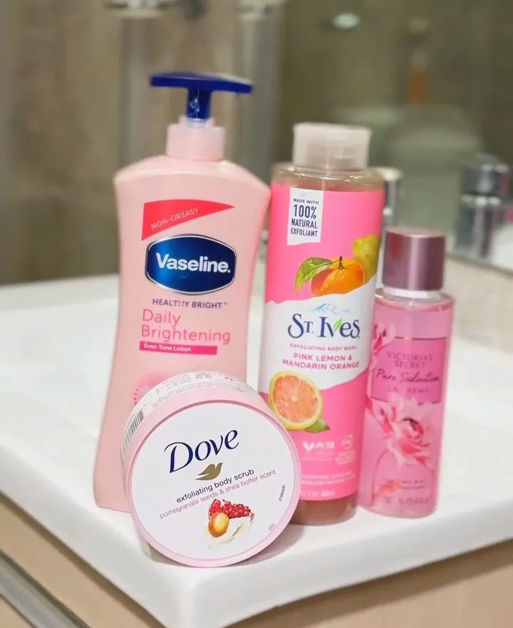Vaseline 4 in 1 SELFCARE PACKAGE: Daily Brightening Even tone Lotion + St Ives Pink Lemon & Mandarin Orange + Dove Pomegranate Body Scrub + ( FREE Pure Seduction La Creme Body Mist )
