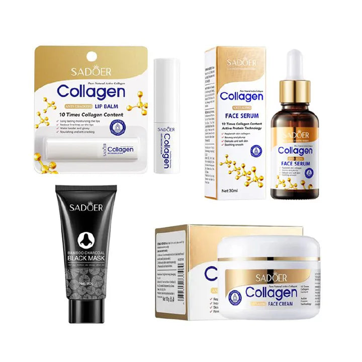 SADOER 4 in 1, Collagen Serum +  Collagen Cream + Black Head Peeling Mask + Lipstick  Anti Aging, Face Moisturizer