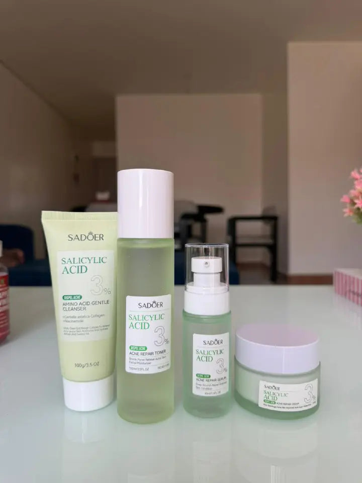 SADOER 4 in 1 ACNE REMOVAL SET!!! Salicylic Acid 3% Face Cleanser + Toner + Serum + Cream