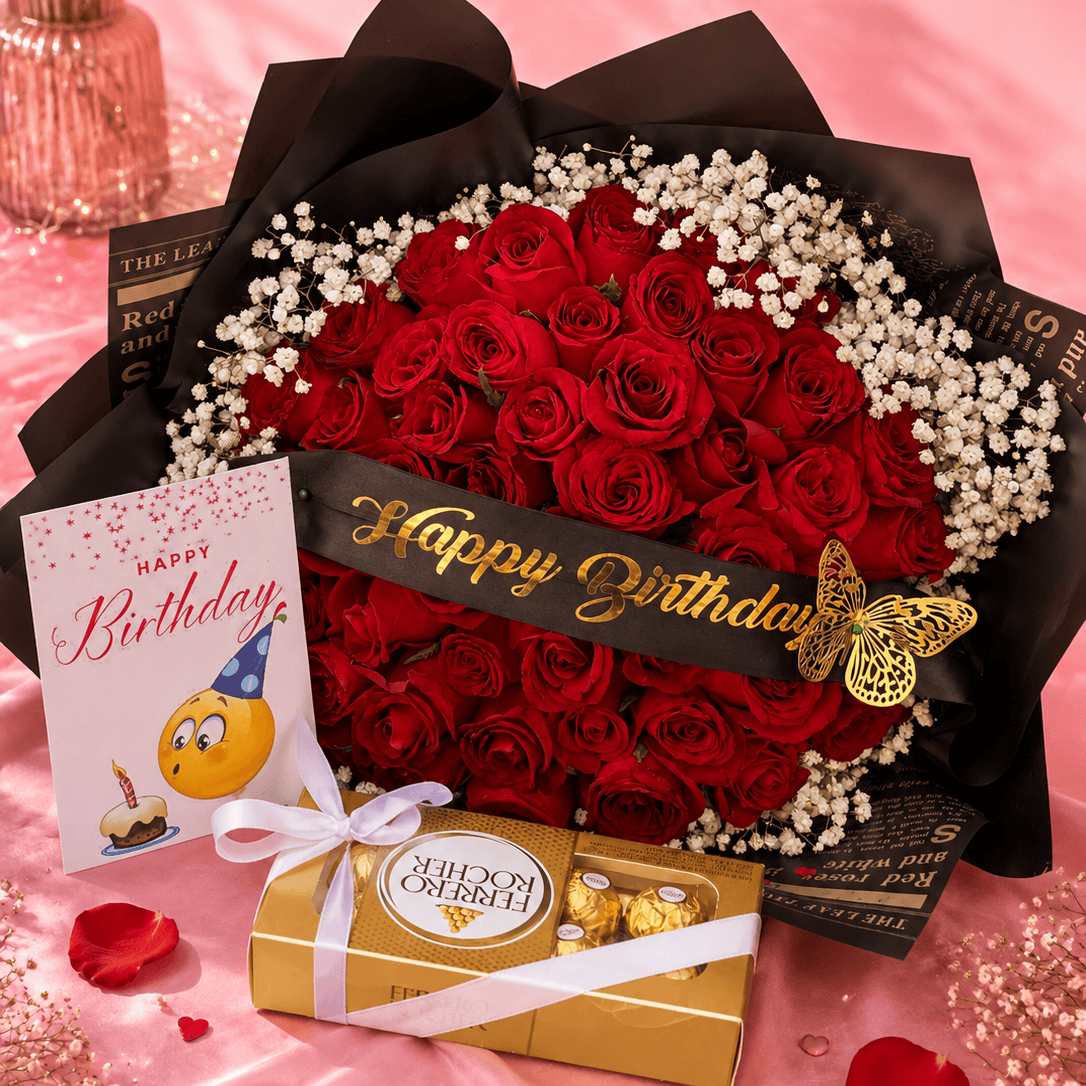 Birthday Mojo, 60 Red Roses, Ferrero Rocher and Birthday Card