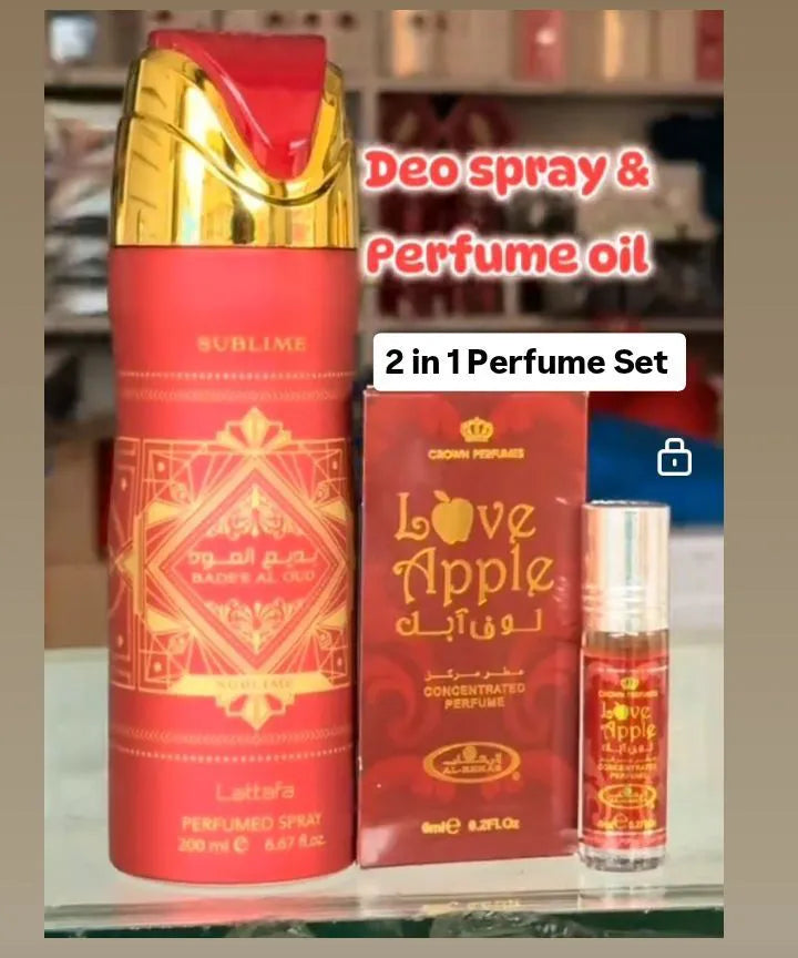 Al Rehab 2 in 1 Perfume Set: Sublime Lattafa Spray + Love Apple Perfume Oil