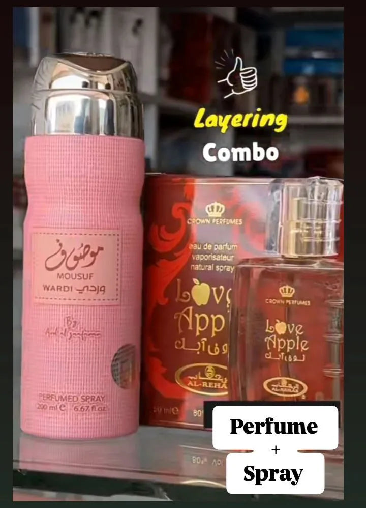 Al Rehab 2 In 1 Fragrance Combo: Love Apple Perfume + Mousuf Wardi Deo Spray