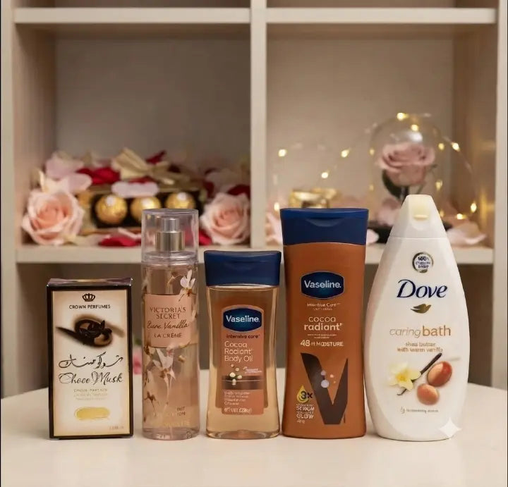 VANILLA 5 IN 1 SELFCARE SET!!! Victoria's Secret Bare Vanilla La Creme + Cocoa Radiant Body Lotion + Intensive Care Cocoa Radiant Body Oil + Purely Pampering Body Wash + (FREE GIFT Choco musk perfume