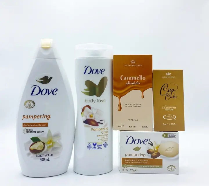 5 in 1 GOLDEN SELFCARE PACKAGE !!! Pampering Body Wash + Pampering Care Body Lotion + Caramello Perfume + Pampering Soap + (FREE Cupcake perfume oil)