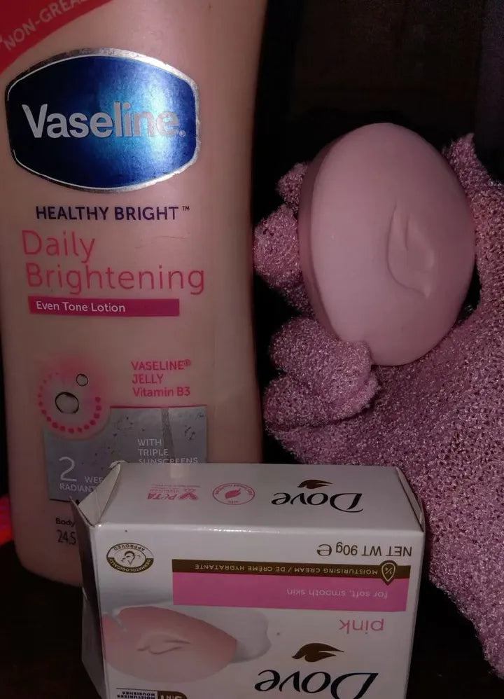 Vaseline 3 in 1 Selfcare Set: Daily Brightening Eventone Lotion + Dove Pink Soap +(Free pair of exfoliating gloves)