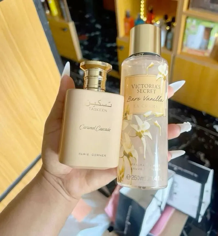Victoria's Secret 2 in 1 FRAGRANCE COMBO: Bare Vanilla La Creme + Taskeen Caramel Cascade Paris Corner