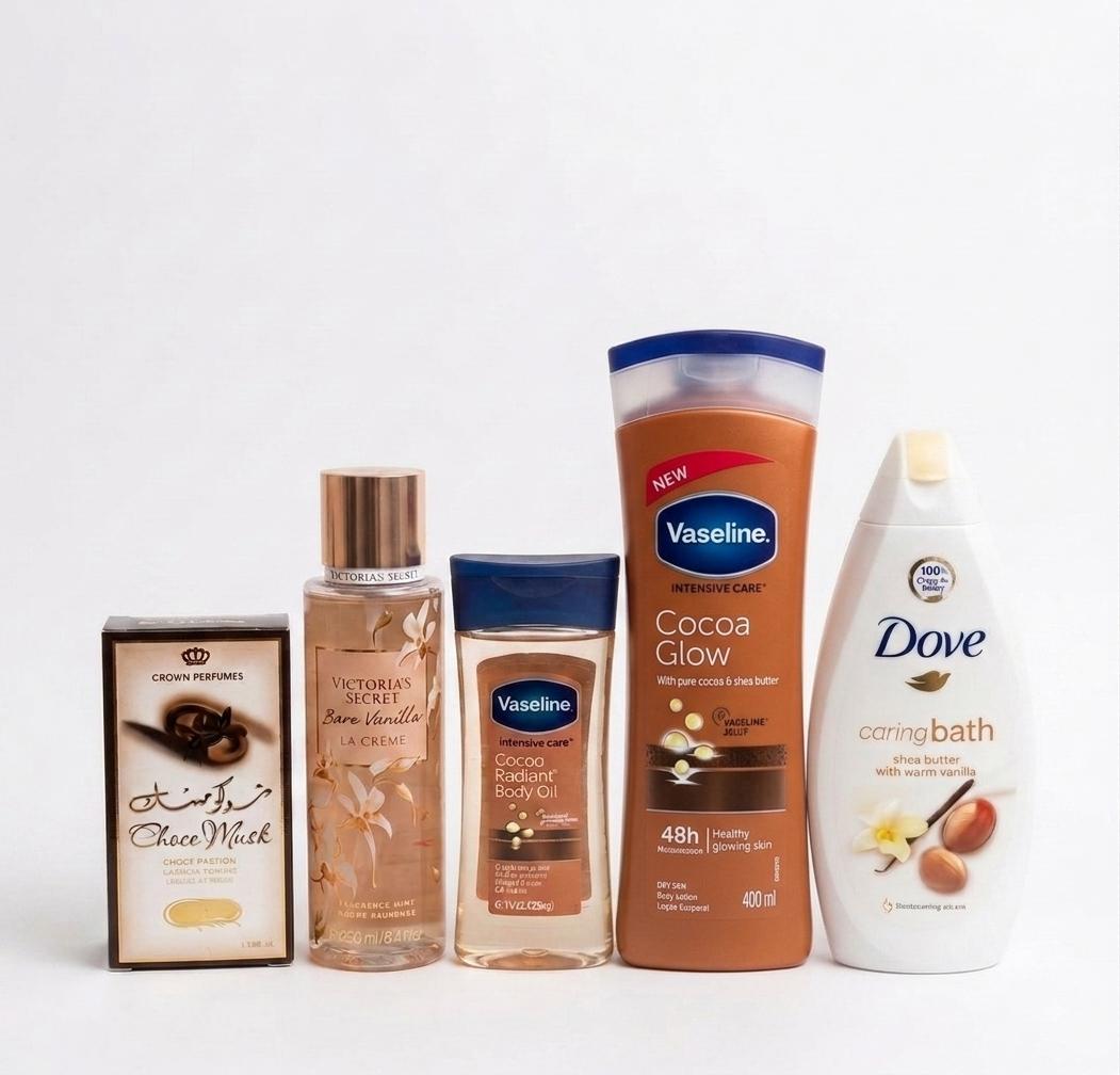 CARAMEL 5 IN 1 SELFCARE SET!!! Intensive Care Cocoa Radiant Body Oil + Cocoa Glow Body Lotion + Purely Pampering Body Wash + Victoria's Secret Bare Vanilla La Creme + (FREE GIFT Choco musk perfume)