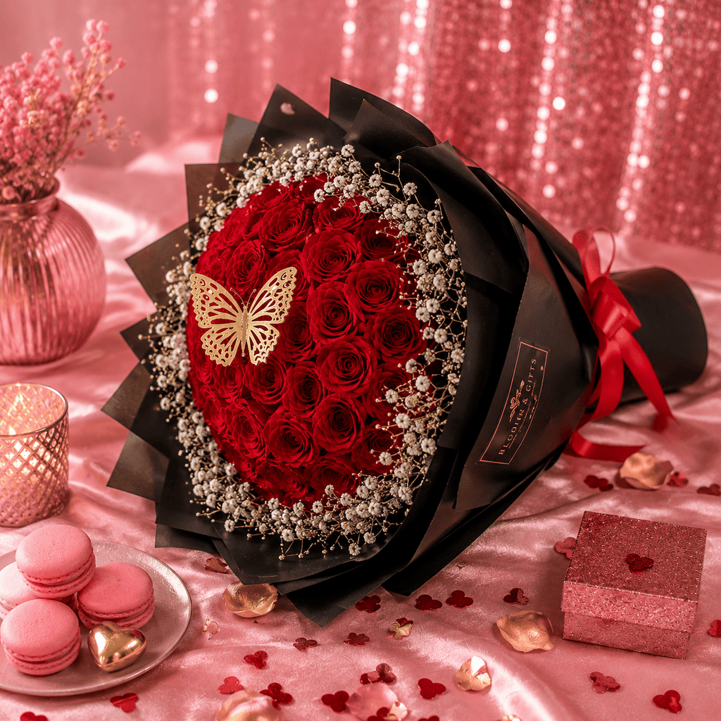 Elegant 60 Red Roses & Baby's Breath Bouquet