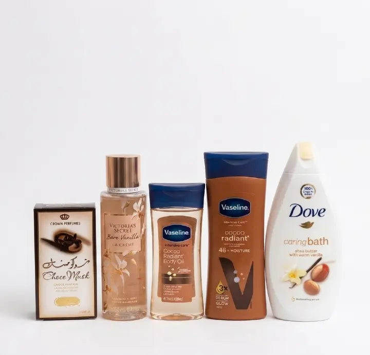 VANILLA 5 IN 1 SELFCARE SET!!! Victoria's Secret Bare Vanilla La Creme + Cocoa Radiant Body Lotion + Intensive Care Cocoa Radiant Body Oil + Purely Pampering Body Wash + (FREE GIFT Choco musk perfume