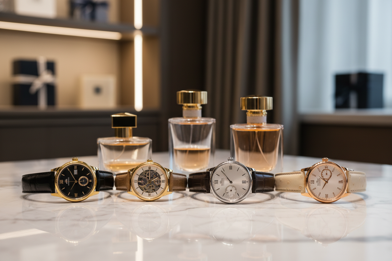 generate an image to be used for slideshow , let the image show watches and perfumes in a luxurious display