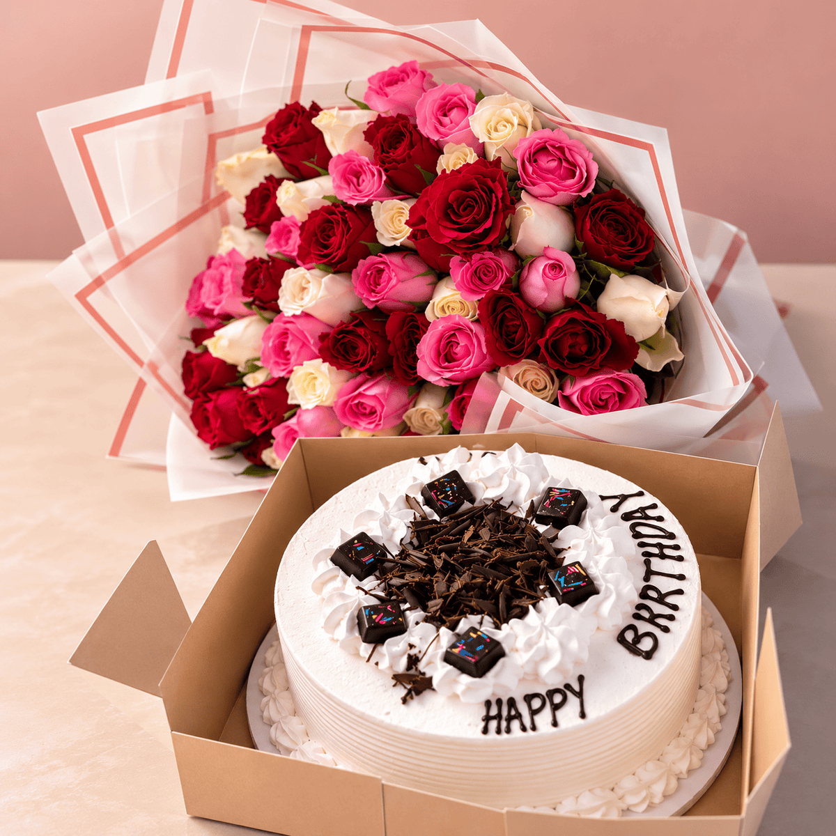 White Forest Delight – 60 Mixed Roses & White Forest Cake