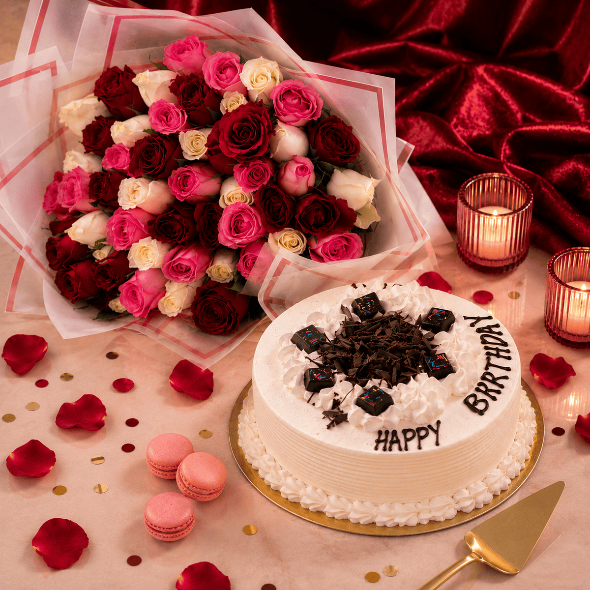 White Forest Delight – 60 Mixed Roses & White Forest Cake
